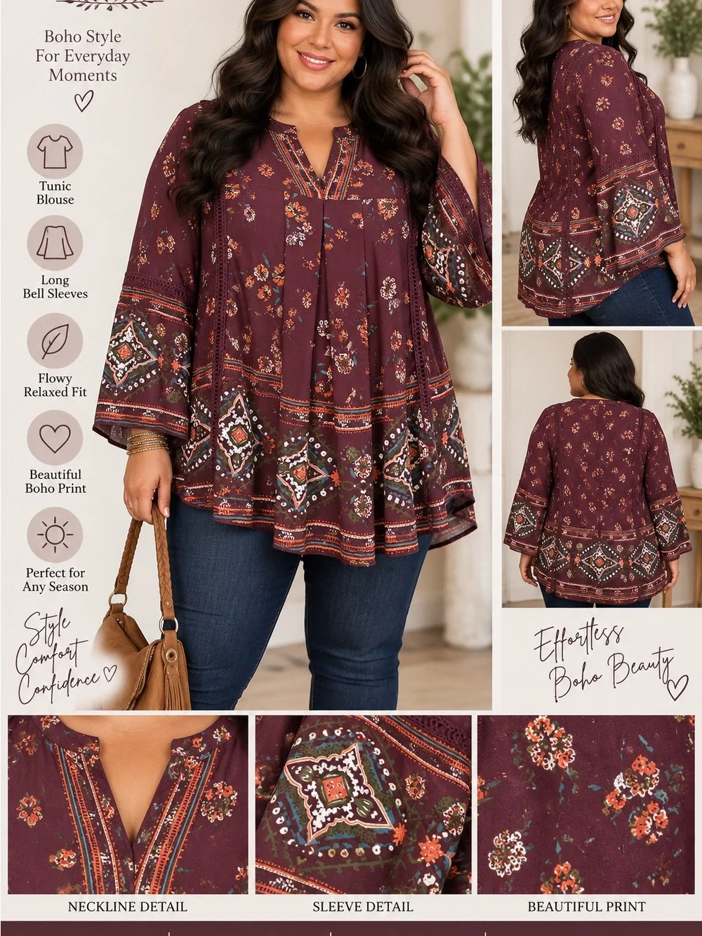 Knox Rose XXL Boho Floral Tunic Blouse Burgundy Bell Sleeve